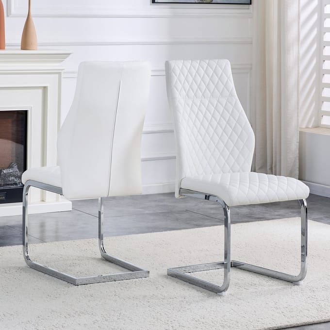 MODFU - Eetkamerstoelen Set Van 2 - Ruitstiksel - Hoge Rugleuning - Modern - Metaal En PU-Leer - Wit En Zilver