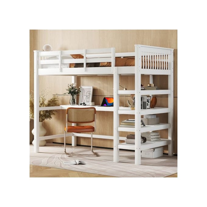 Verhoogd bed - MUVOE - 90 x 200 cm - Geïntegreerd bureau - Opbergvakken - Wit wit