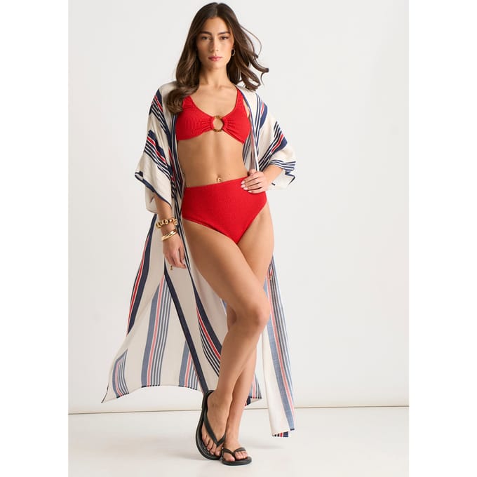 Kimono-strandkleding met streepjesmotief en stropdasdetail