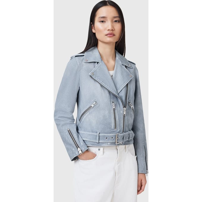 AllSaints Balfern Biker Pale Denim Blue Größe: 12 | Lederjacken Outlet | Damen | Blau