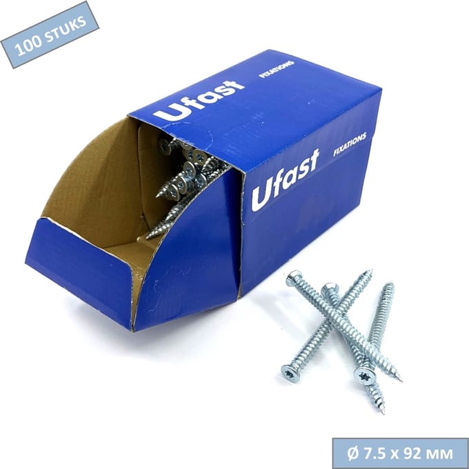 UFAST kozijnschroef Ø 7.5 x 92 mm - Platte kop - Verzinkt - Torx - 100 stuks