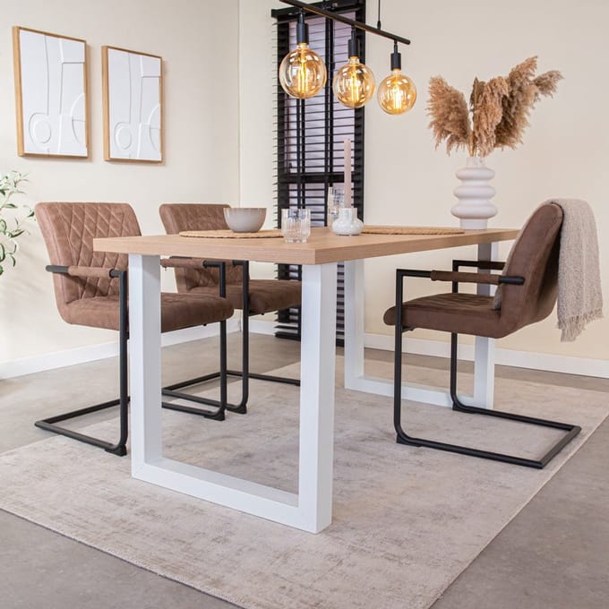 Dimehouse Eettafel Lenzo Rustiek Eiken U-poot wit 170 x 80 x 3,8 cm - Hout - Industrieel - Rechthoek