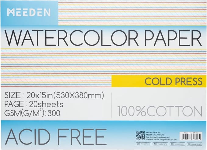 Aquarelpapier Blok 300 g/m2 100% Katoen Koud Geperst 20 Vellen