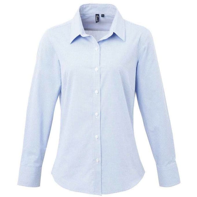 Premier Dames/Dames Micro Gingham geruit katoenen shirt met lange mouwen (Lichtblauw)