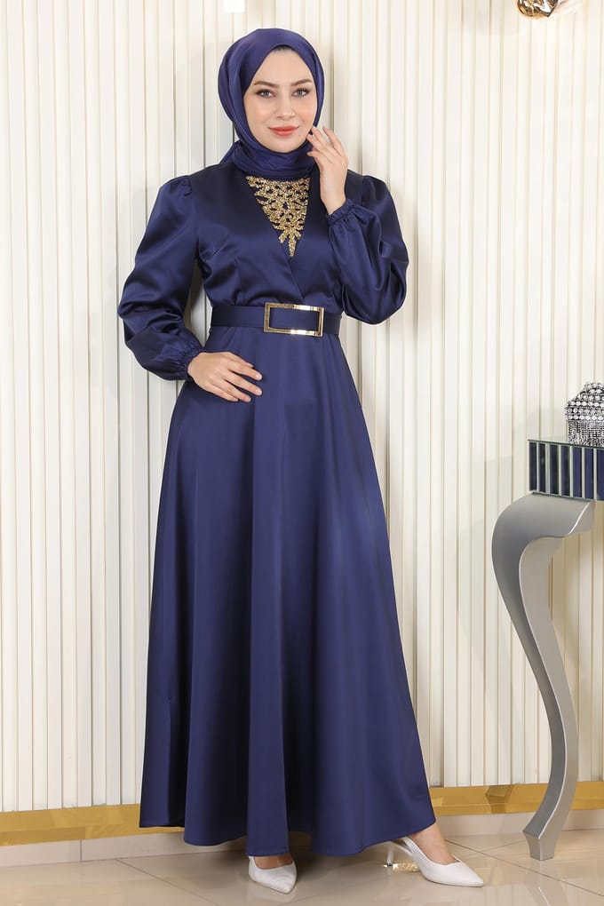 Steen Detailed Satijn Avondjurk Indigo