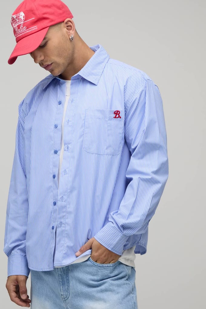 Oversized Gestreept Shirt Met Gebogen Zoom En B-borduursel | Blue | Size Small