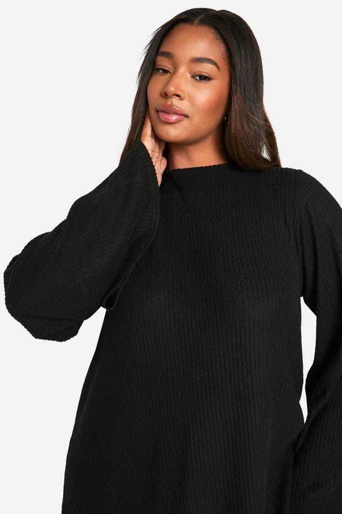 boohoo Dames Plus Soft Rib Tie Back Smock Jurk | Zwart | Maat: 48