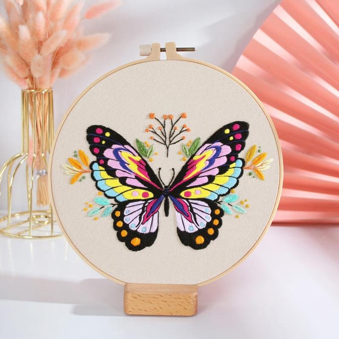 Kit de fleurs papillon brodées à la main, pour débutant, ensemble de points de croix, cerceau de couture, Kit d'artisanat d'art fait à la main multicolore