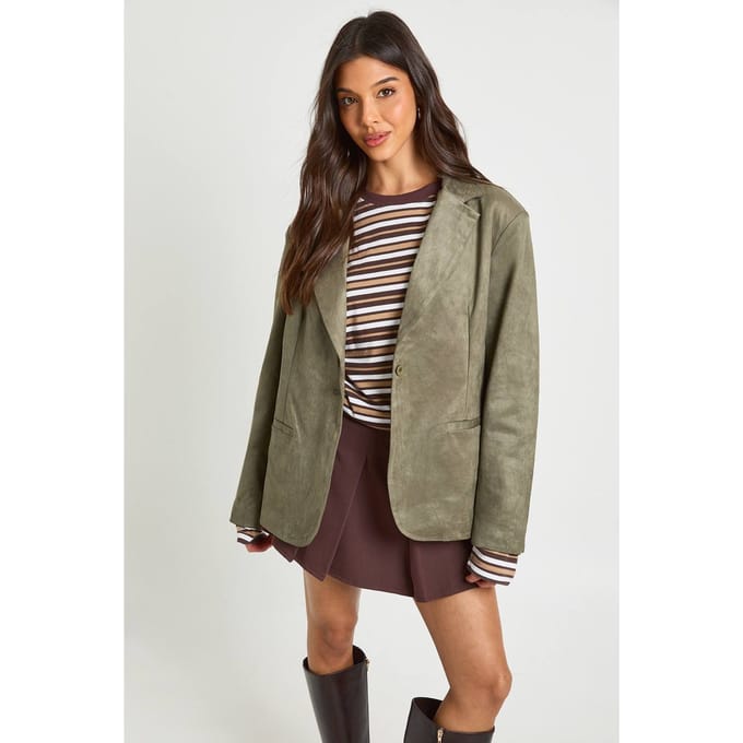 boohoo Dames Boxy Oversized Nep-suede Blazer | Olijf | Maat: 40