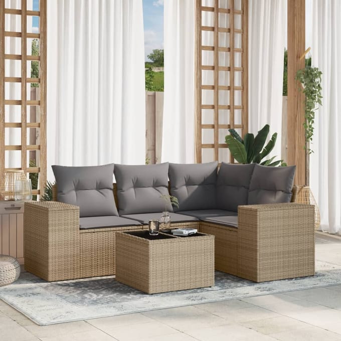 vidaXL - 5-delige - Loungeset - met - kussens - poly - rattan - beige