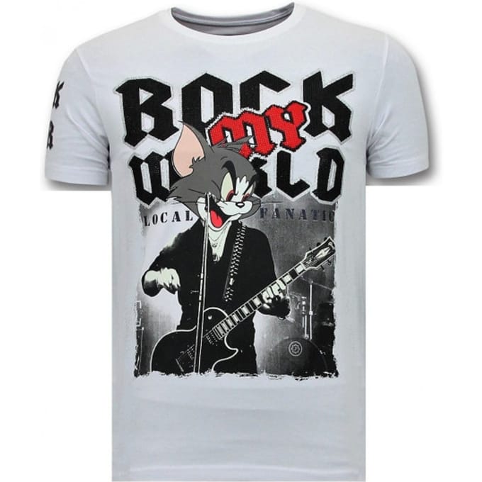 Stoere T-Shirt Heren - Rock My World Cat - Wit