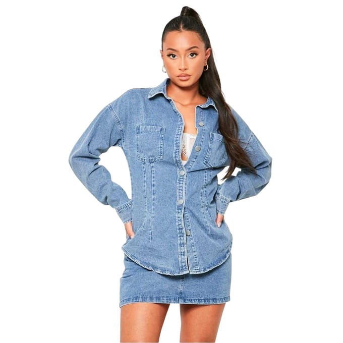 Missy Empire Getailleerd damesoverhemd met denim naden (Blauw)