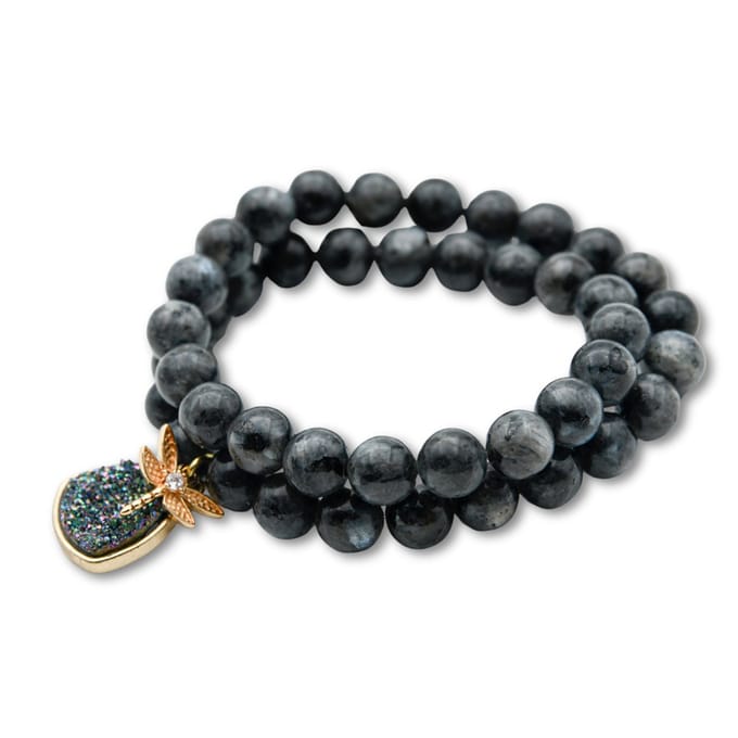 Marama - wikkelarmband Dragonfly Labradoriet - edelsteen - elastisch - damesarmband - hangers libelle en Druzy Agaat - cadeau dames