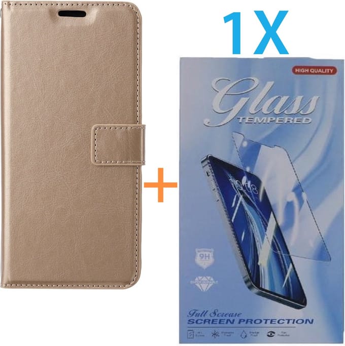 Bookcase Geschikt voor: Apple iPhone 15 Plus - Goud - portemonnee hoesje - + 1X Tempered Glass Screenprotector