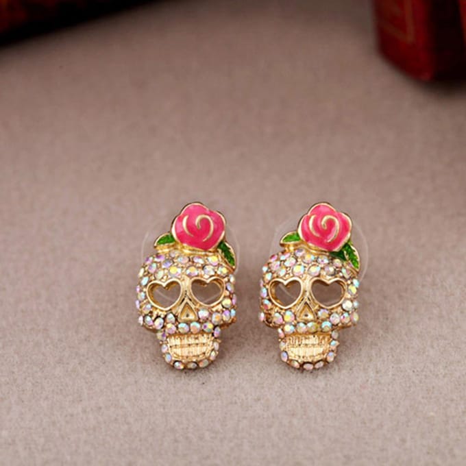 Halloween Roos Schedel Persoonlijkheid Micro-set Oorbellen, Overdreven Oorbellen goud