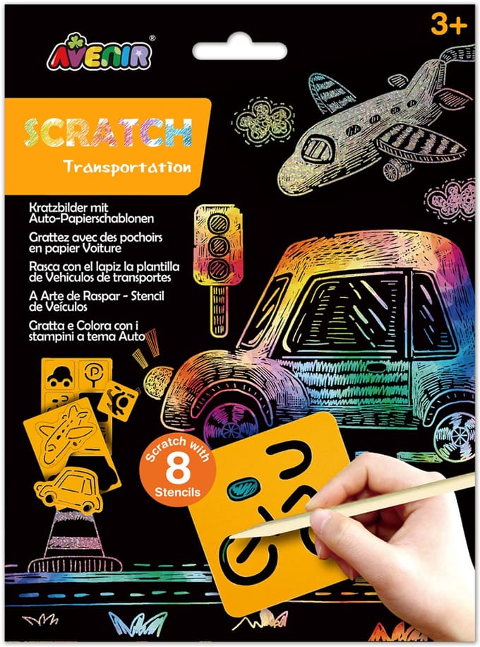 AVENIR Scratch Art - Transport - 17X23X0,5Cm - Met 8 Sjablonen - 3 Jaar