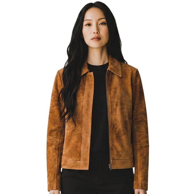 Dames beige Suède leren bomber Blouson Varsity Jas - Austurland