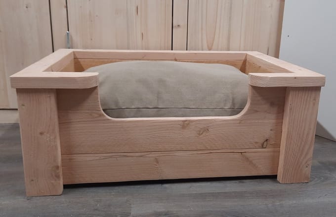 Houten hondenmand Floki van douglas hout inclusief beige kussen 80x60x30cm