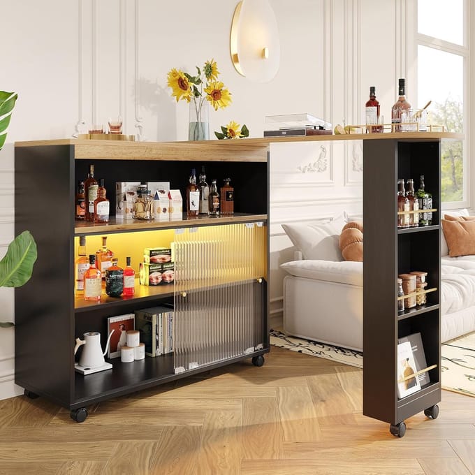 Inklapbare Bartafel - Hoge Keukentafel - Compact Wonen - Met Opbergruimte - 138-204x39x105cm - Zwart
