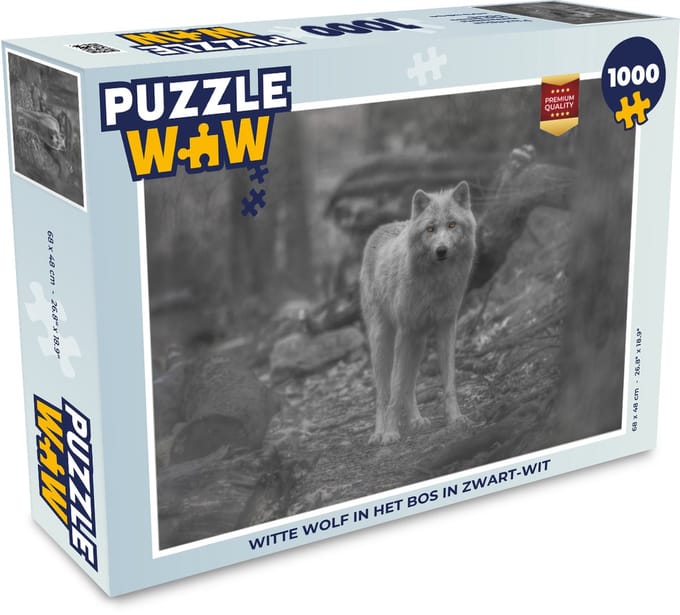 Puzzel Witte wolf in het bos in zwart-wit - Legpuzzel - Puzzel 1000 stukjes volwassenen