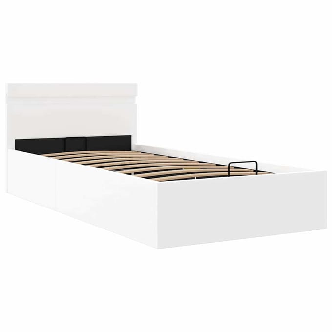 vidaXL - Bedframe - met - opslag - hydraulisch - LED - kunstleer - wit - 90x200 - cm