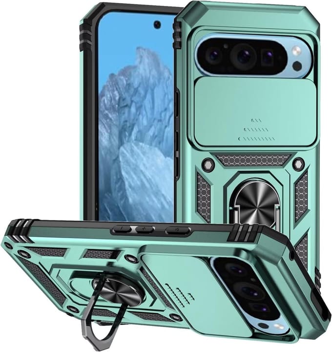 Geschikt voor Google Pixel 9 / 9 Pro - Magnetische Standaard Hoesje - Slide Camera Protection - Groen