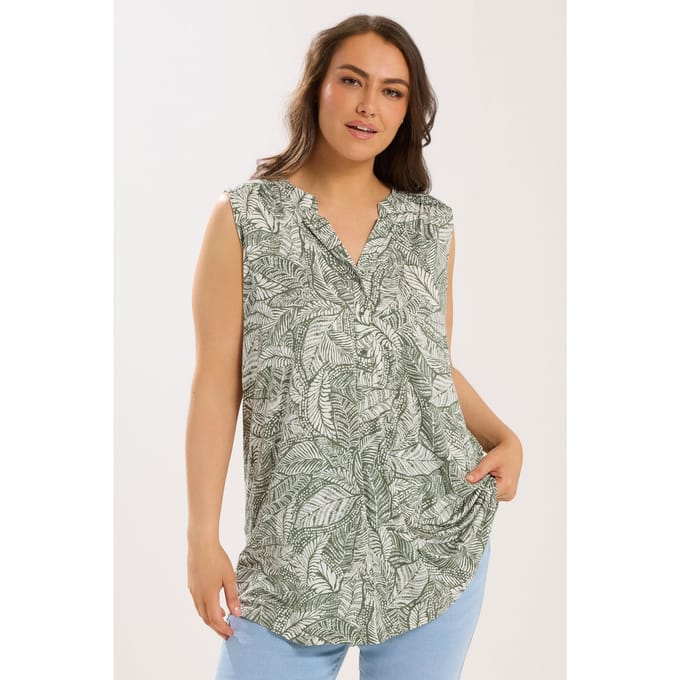 Yours Ivoorwitte Mouwloze Blouse Met Bladprint Size 48