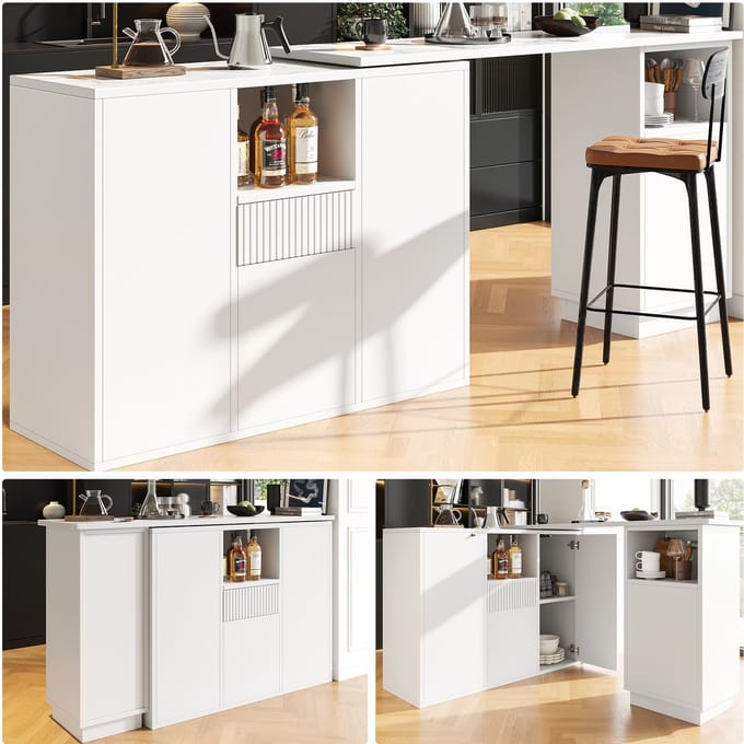 360° Draaibare Bartafel (210x30x101 cm) - Wit Design met Marmer Werkblad & Open Opbergruimte - Multifunctioneel Keuken Eiland
