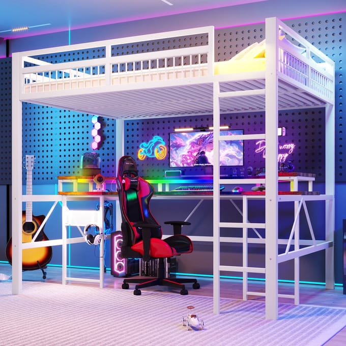 Hoogslaper - 140x200 cm - Met Bureau en LED - USB en Stopcontacten - Metaal - Wit
