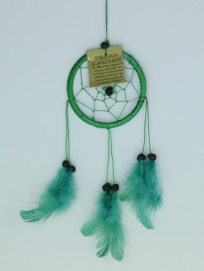 Dromenvanger / Dreamcatcher Ø9cm zonder kleintjes  - groen (groene veertjes)