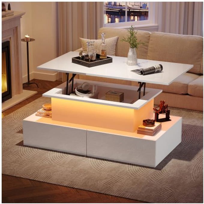 Table basse - MUVOE - Moderne - Blanc brillant - Éclairage LED - 4 tiroirs