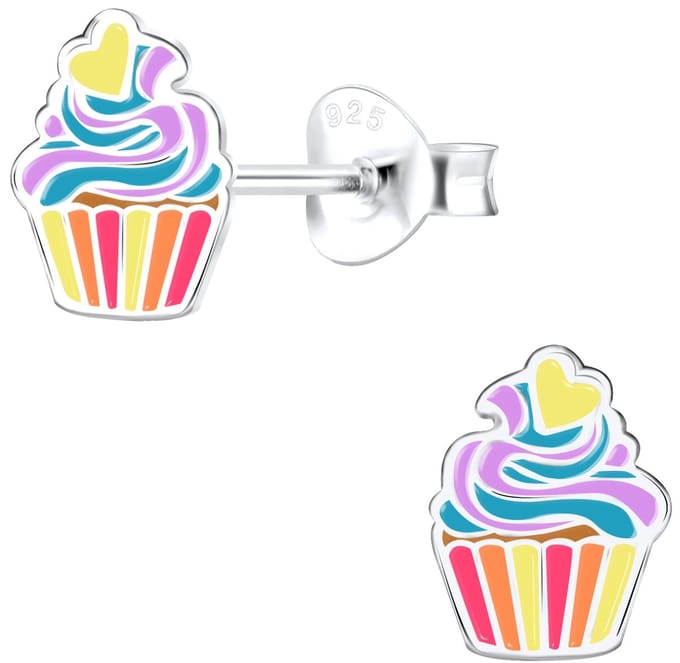 Joy|S - Zilveren cupcake oorbellen - multicolor met geel hartje - 6 x 8 mm