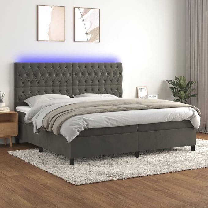 vidaXL - Boxspring - met - matras - en - LED - fluweel - donkergrijs - 200x200 - cm