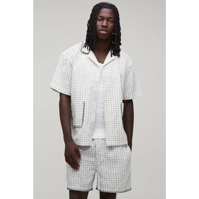 Geruit Ruitpatroon Deken Steek Oversized Korte Mouw Shirt & Wijde Korte Broek Set | White | Size Medium
