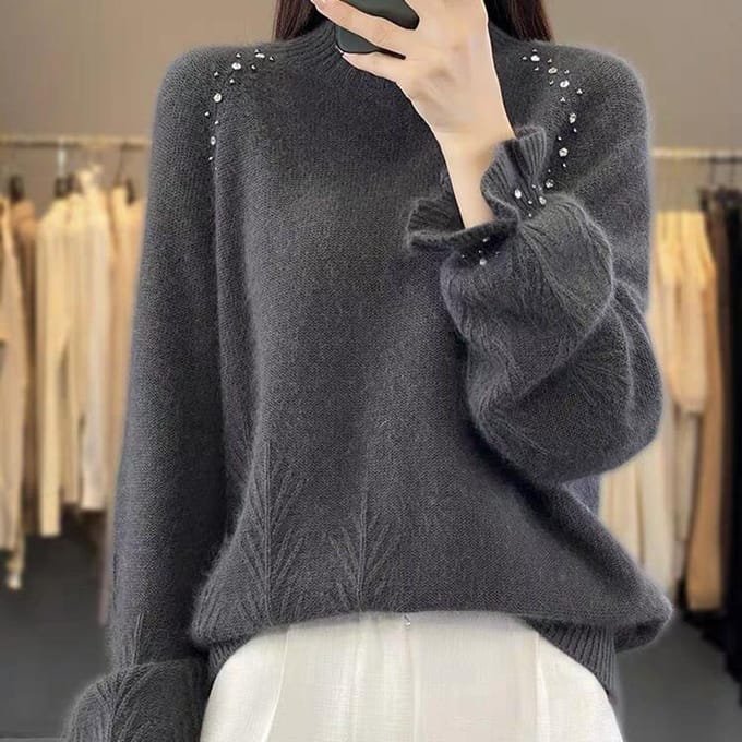 Dames Herfst- en Wintertrui Verdikt Losse Lazy Halfhoge Hals Prinsessenmouw Kasjmier Basis Trui M grijs