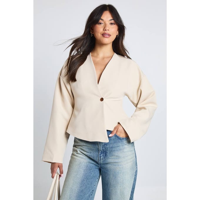 boohoo Dames Gouden knoop lange mouw wikkeltop | Ecru | Maat: 42