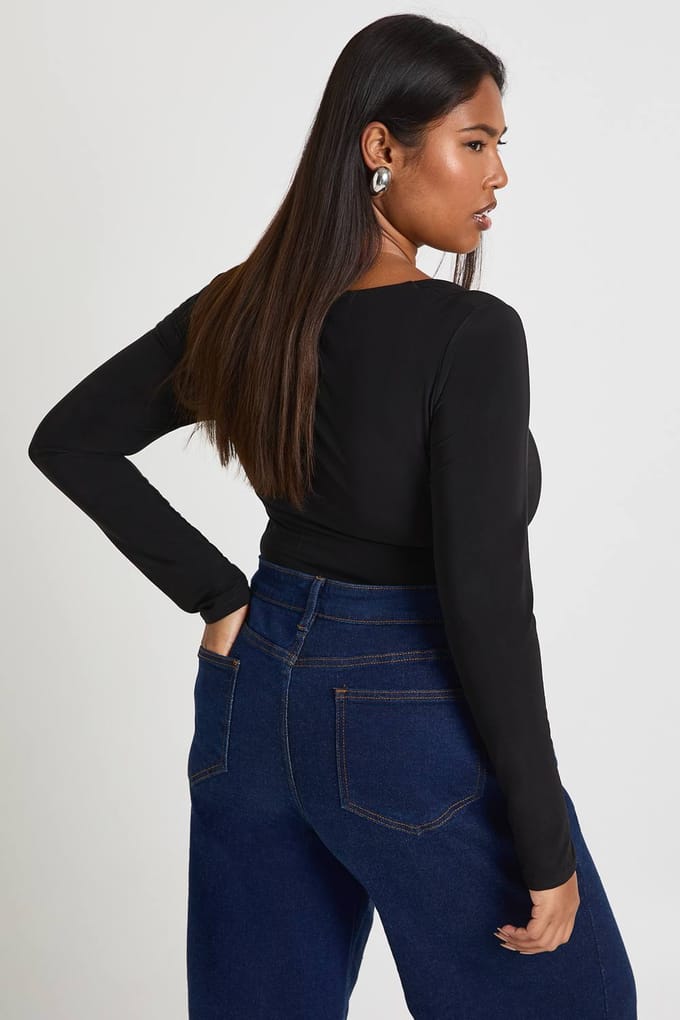 boohoo Dames Plus Lange Mouw Dubbele Laag Geraffelde Voorzijde Bodysuit | Black | Maat: 24