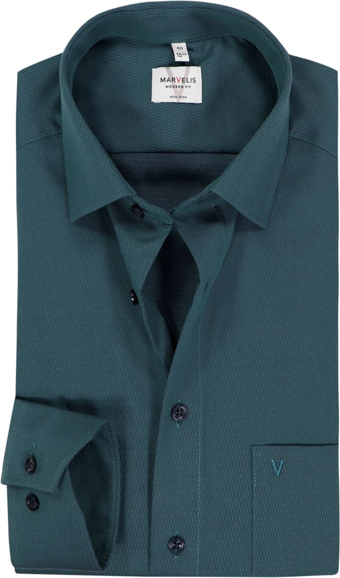 MARVELIS modern fit overhemd - structuur - donkergroen - Strijkvrij - Boordmaat: 44 (EU maat: XL)