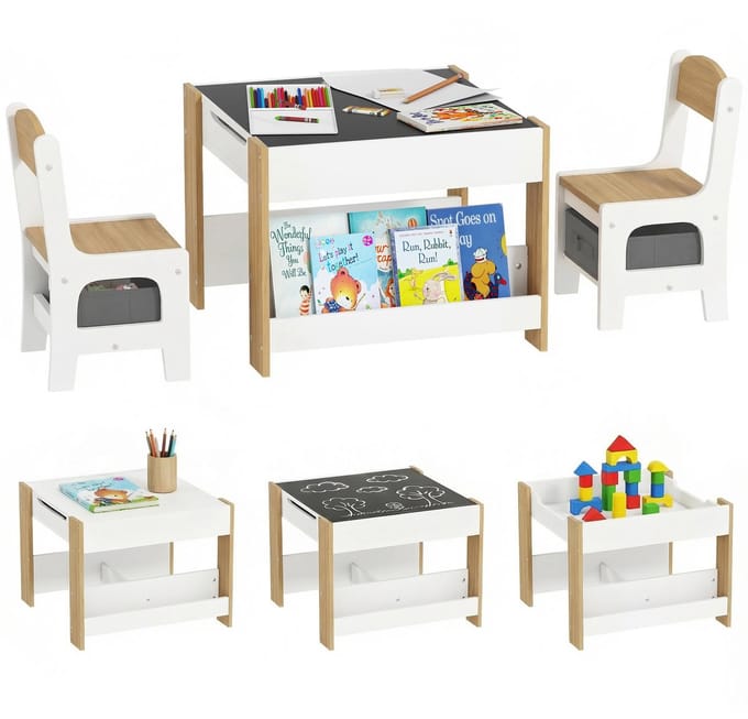 HOMCOM Kindertafel en -stoelenset - MDF - 61,5 x 61,5 x 48 cm - Natuurlijk hout