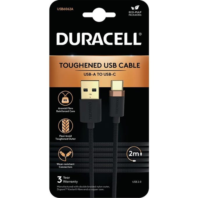 Duracell Toughened Kevlar MFi USB-A naar USB-C Kabel 2 Meter 3A Zwart Zwart