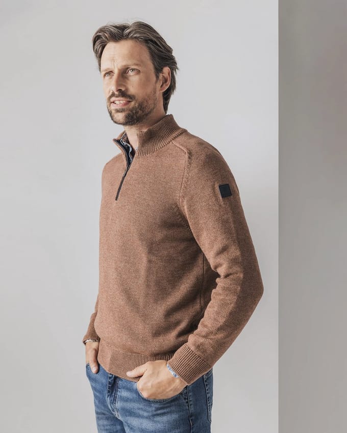 State Of Art Half Zip Trui Melange Camel Bruin - Maat XL - Heren - Pullovers
