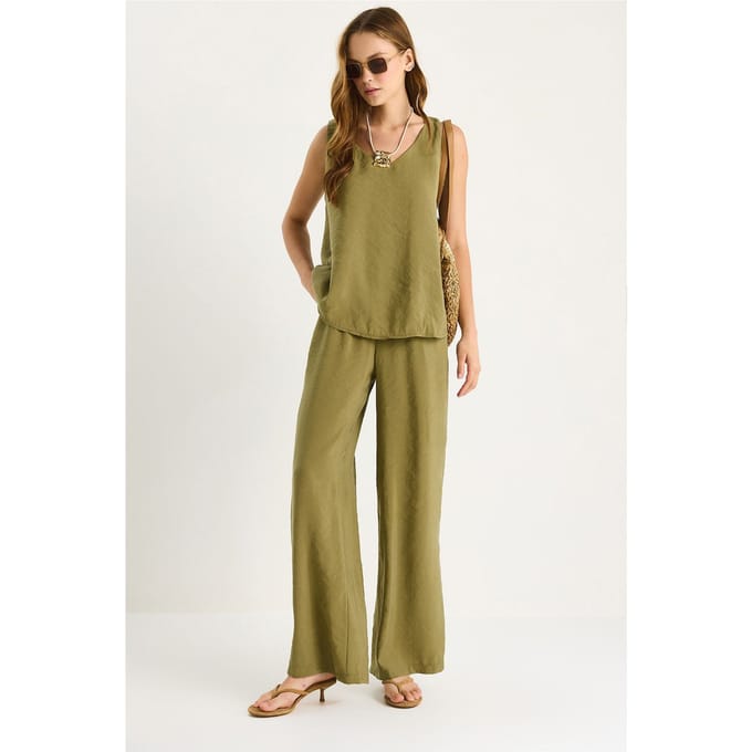 V-hals Katoenen Blouse-Broek Twee-Piece Set