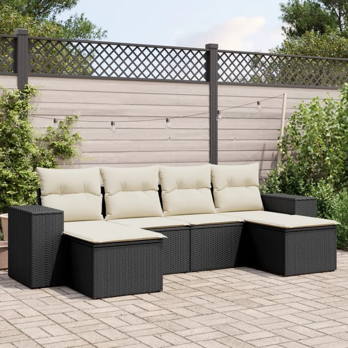 vidaXL - 6-delige - Loungeset - met - kussens - poly - rattan - zwart