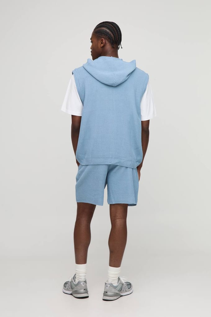 Oversized Fit Geribbelde Gebreide Hoodie met doorlopende rits en Shorts Set | Light Blue | Size Medium