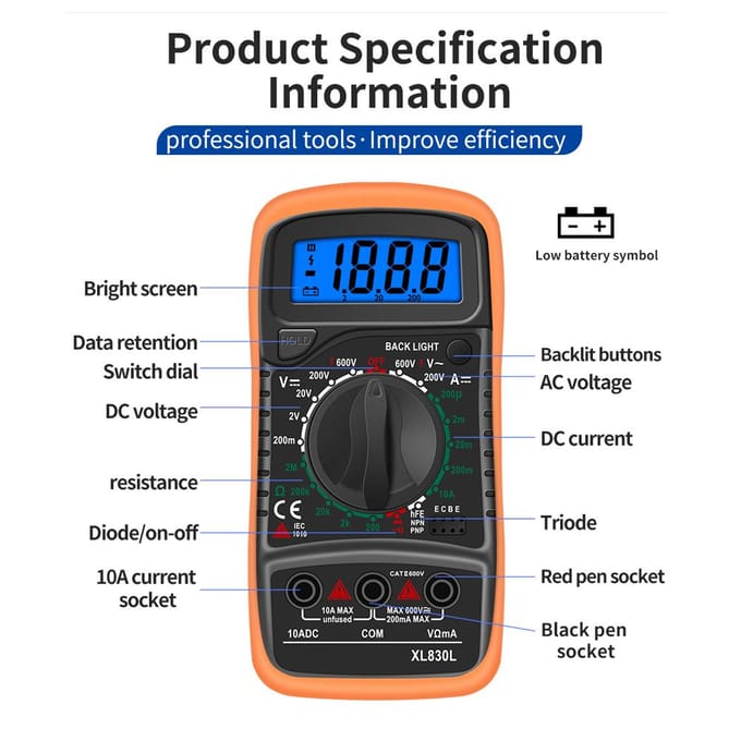 Multimètre numérique portatif XL830L, rétro-éclairage LCD, voltmètre AC/DC, ampèremètre DC, tension Ohm