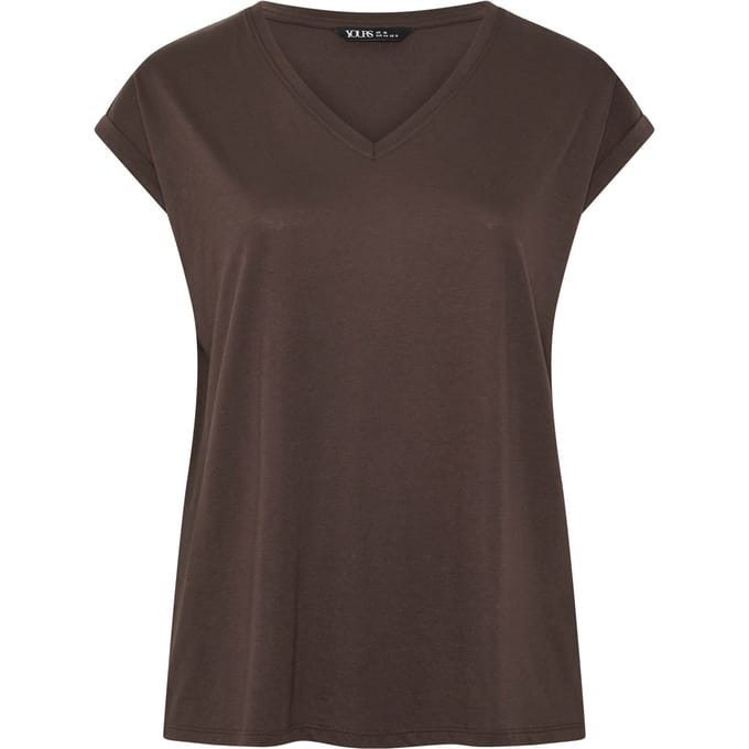 Yours Chocoladebruin Basic Tshirt Met Vhals Size 40
