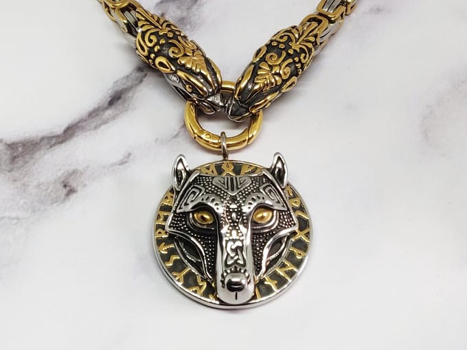 Mei's - Viking Wolf & Dragons - ketting heren - RVS zilver/goud - 70 cm