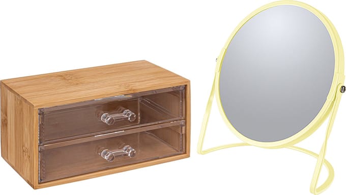 5Five Make-up organizer en spiegel set - 2 lades - bamboe/kunststof - 5x zoom spiegel