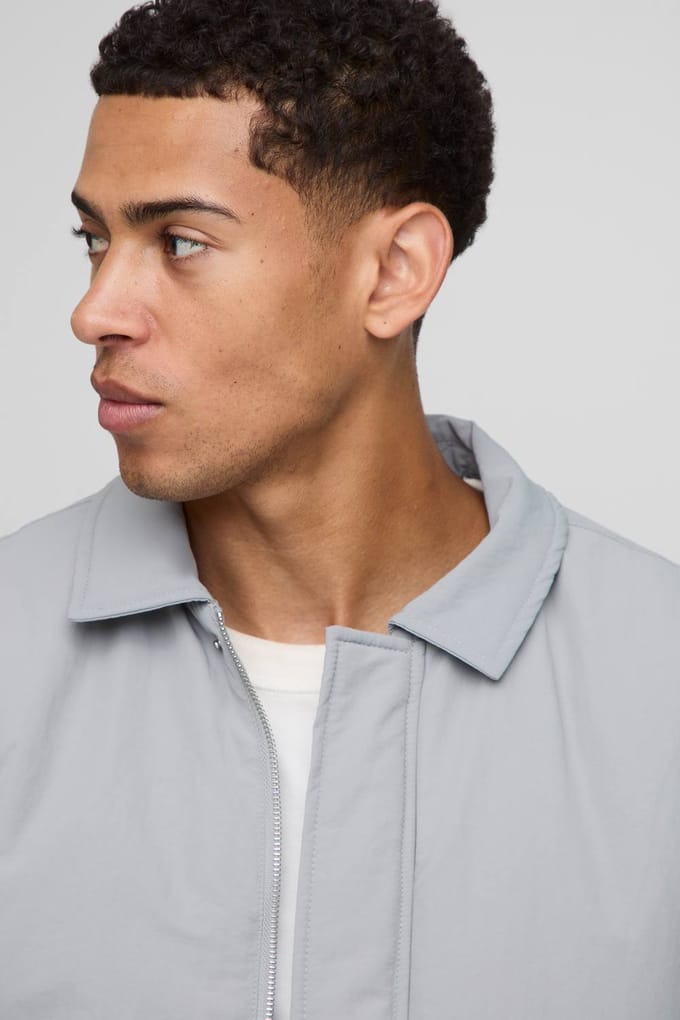 Boxy Fit Peached Crinkle Nylon Coach Jacket | Grey | Size Small