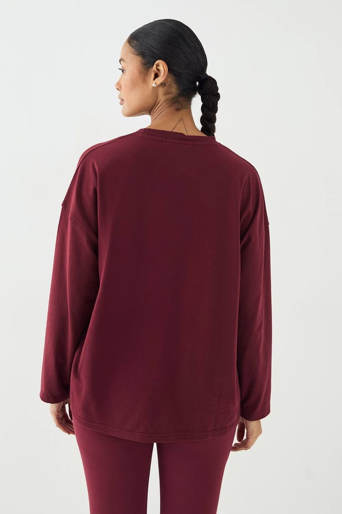Dames DSGN Studio Collegiate Lange Mouwen T-Shirt | Bordeaux Rood | Maat: XS